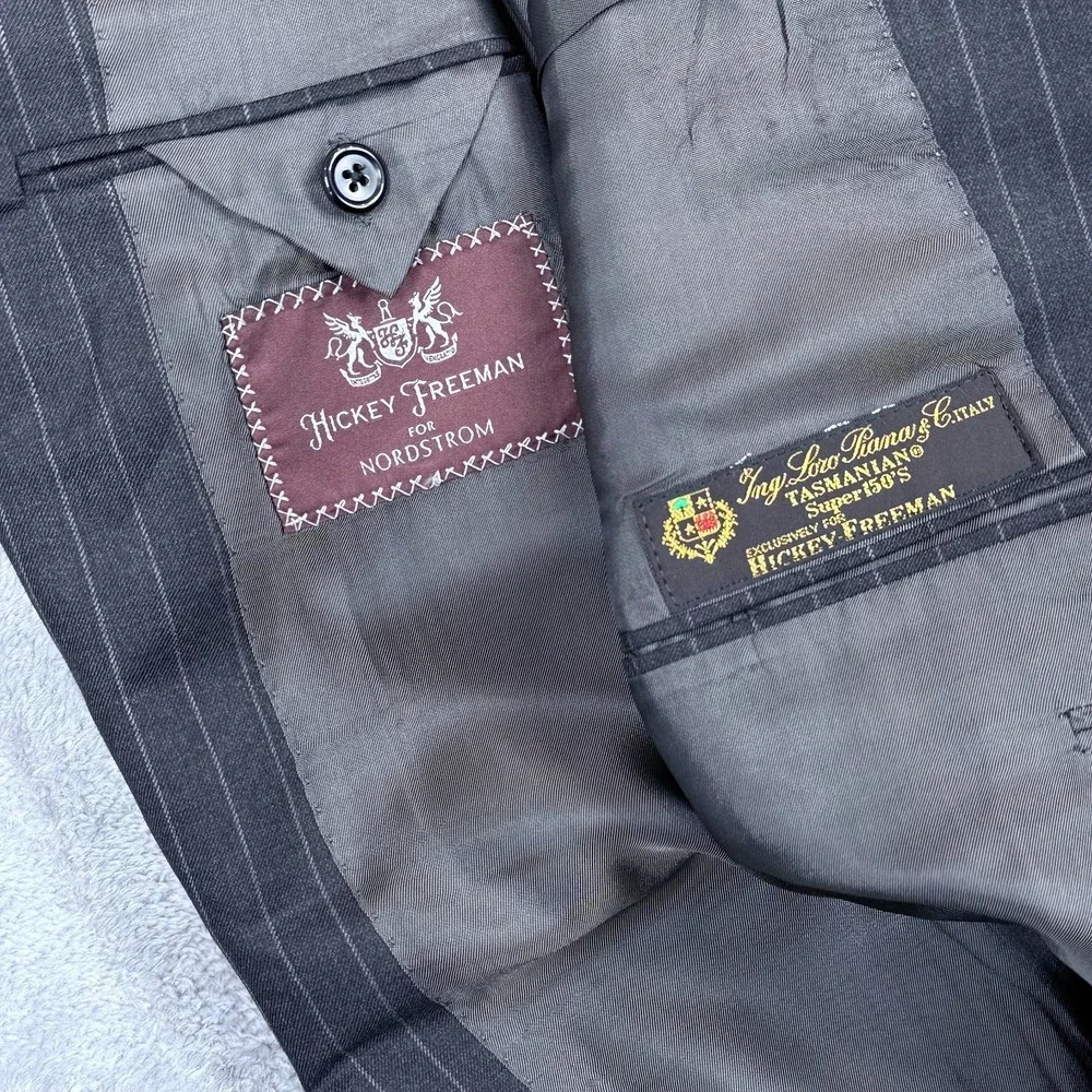 Hickey Freeman Loro Piana Tasmanian 150s Wool Suit 42L Blazer 36x32 Pants Stripe
